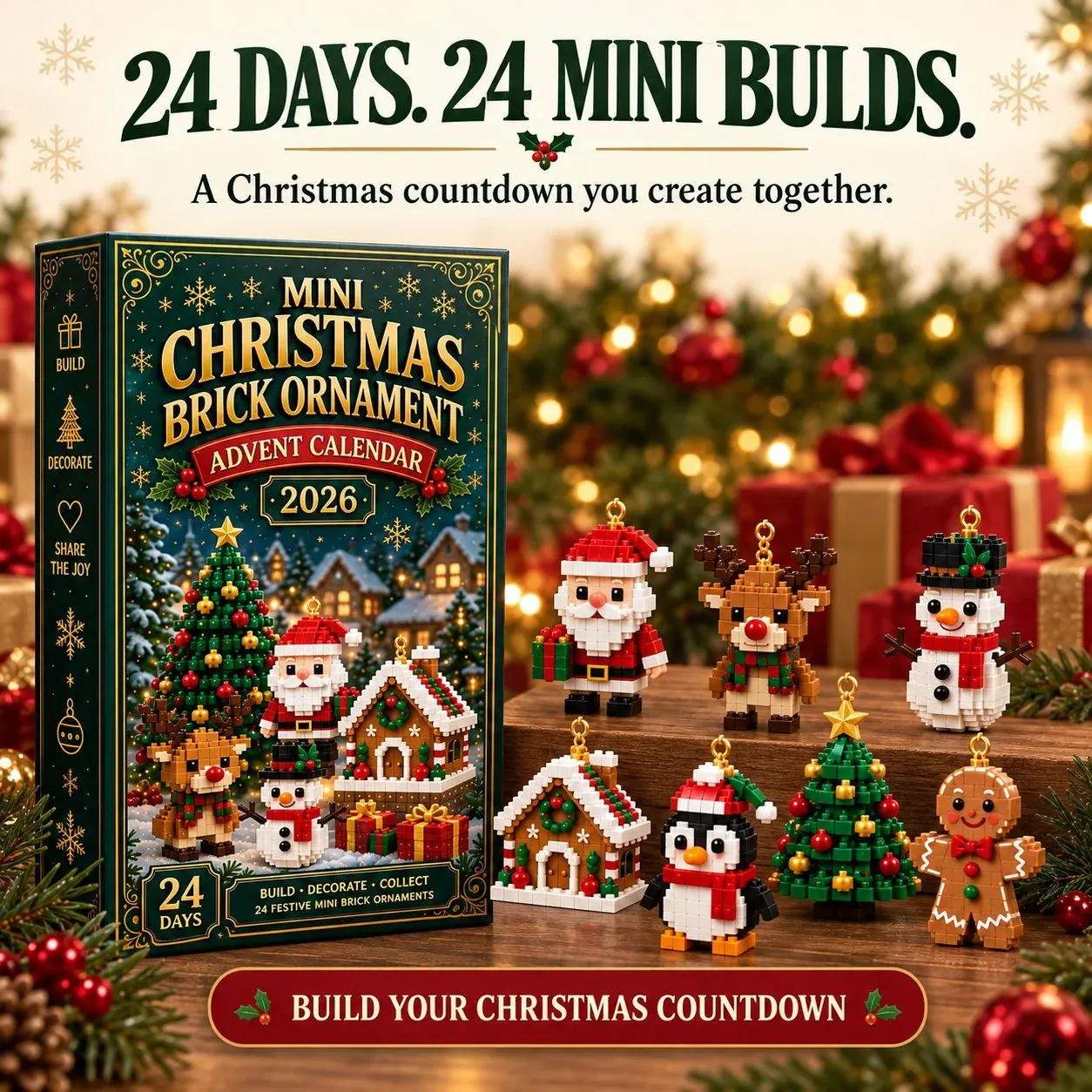 24-Day Mini Christmas Ornament Advent Calendar | 24 unique festive buildable designs with hanging loops—perfect for decorating Christmas trees, wreaths, and holiday displays (Product shipped without lanyard)