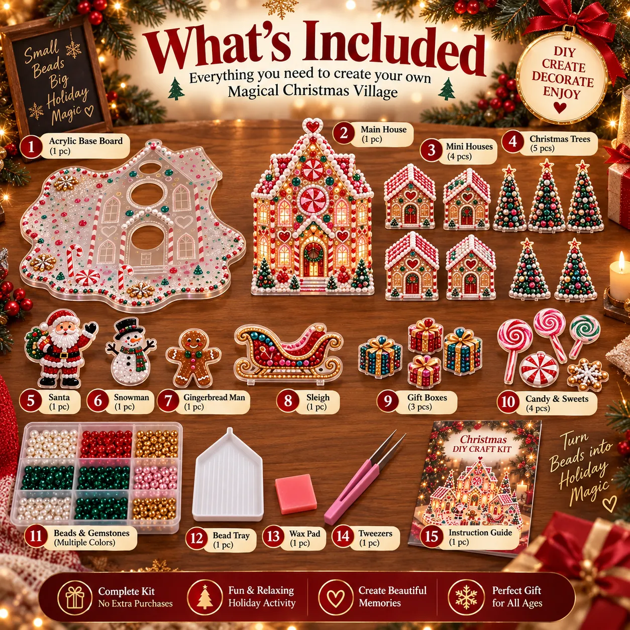 All fifteen kit components laid out on a wooden table: acrylic base board, main house, four mini houses, five trees, Santa, snowman, gingerbread man, sleigh, three gift boxes, four candy pieces, bead tray, bead dish, wax pad, tweezers and instruction guide