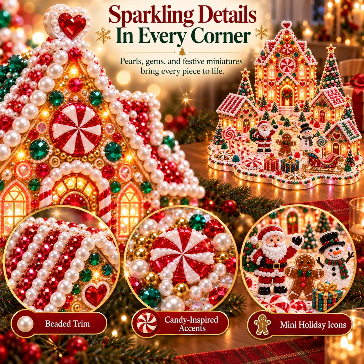 Close-up of the candy-trimmed gable with a heart-shaped red gem at the peak, pearl beaded trim along the roof, emerald and ruby stones set into the walls, and three circular detail shots of beaded trim, a peppermint swirl and the Santa snowman gingerbread group