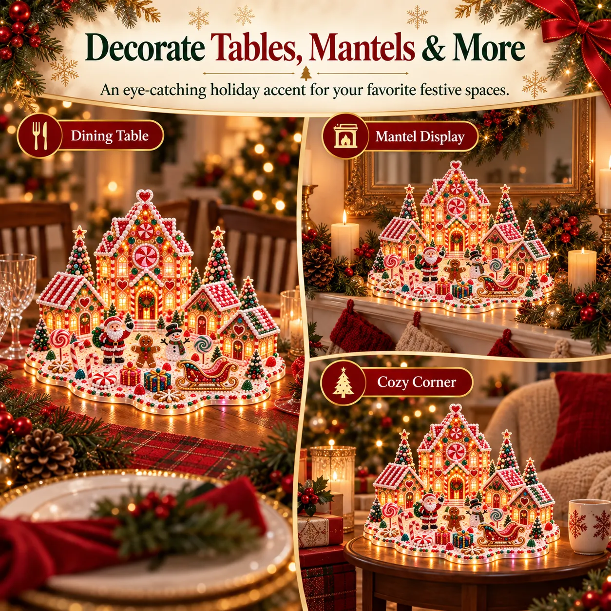 The finished village shown in three settings: on a dining table between place settings, on a mantelpiece between candles and greenery, and on a side table beside a sofa and a mug