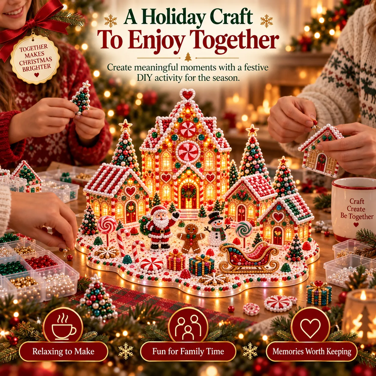 Two people working on the village at a table covered with open bead trays, one holding a finished mini tree and the other setting a small house in place, with the assembled main house glowing between them