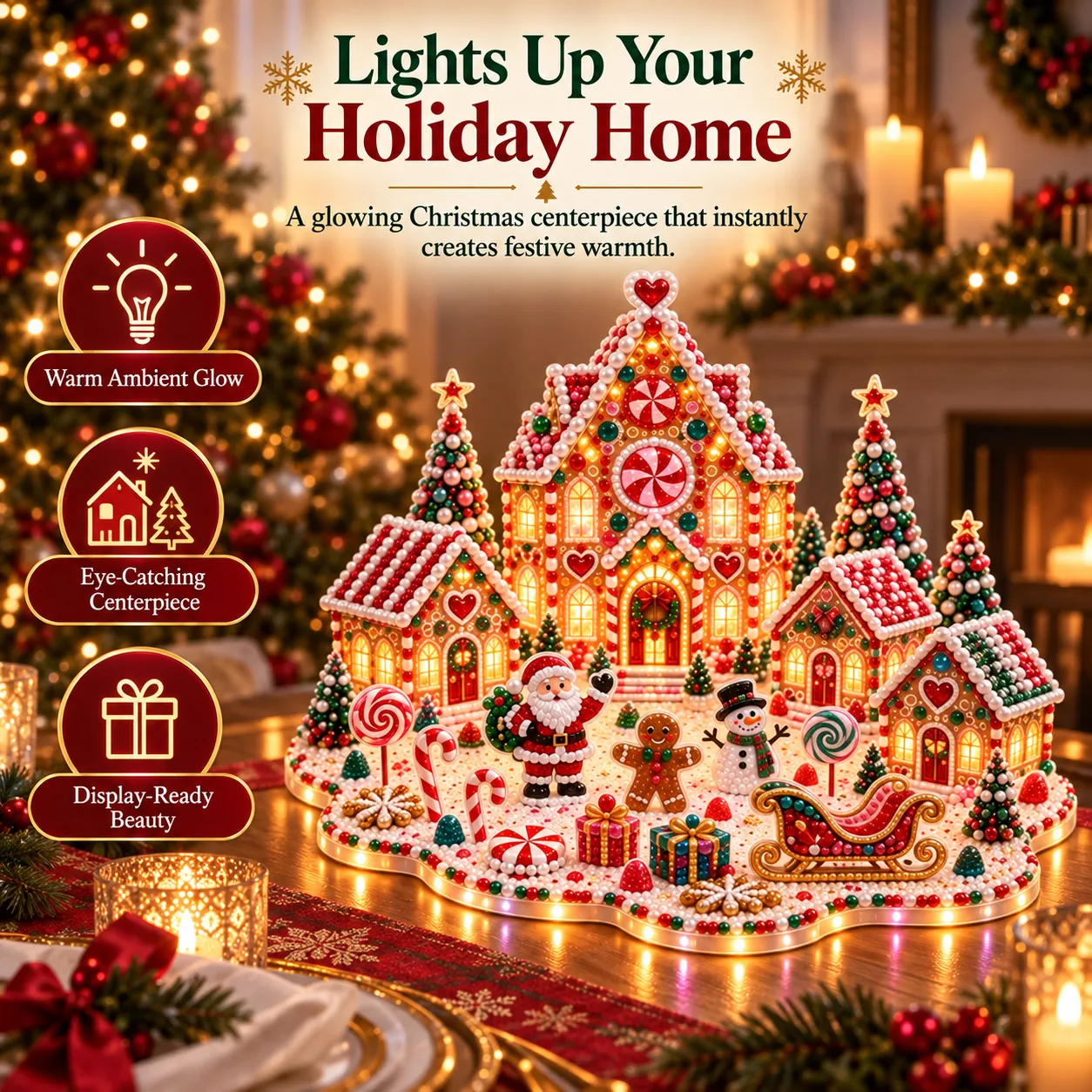 Finished Christmas village gem art scene on a dining table, candy-trimmed main house glowing beside four cottages, snow-dusted pines, Santa, a snowman, a gingerbread man and a sleigh loaded with gifts